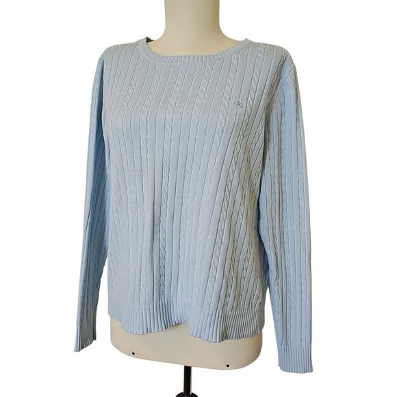 IZOD Cable Knit 100% Cotton Crewneck Sweater Light Blue Womens Large Long Sleeve - Picture 1 of 13
